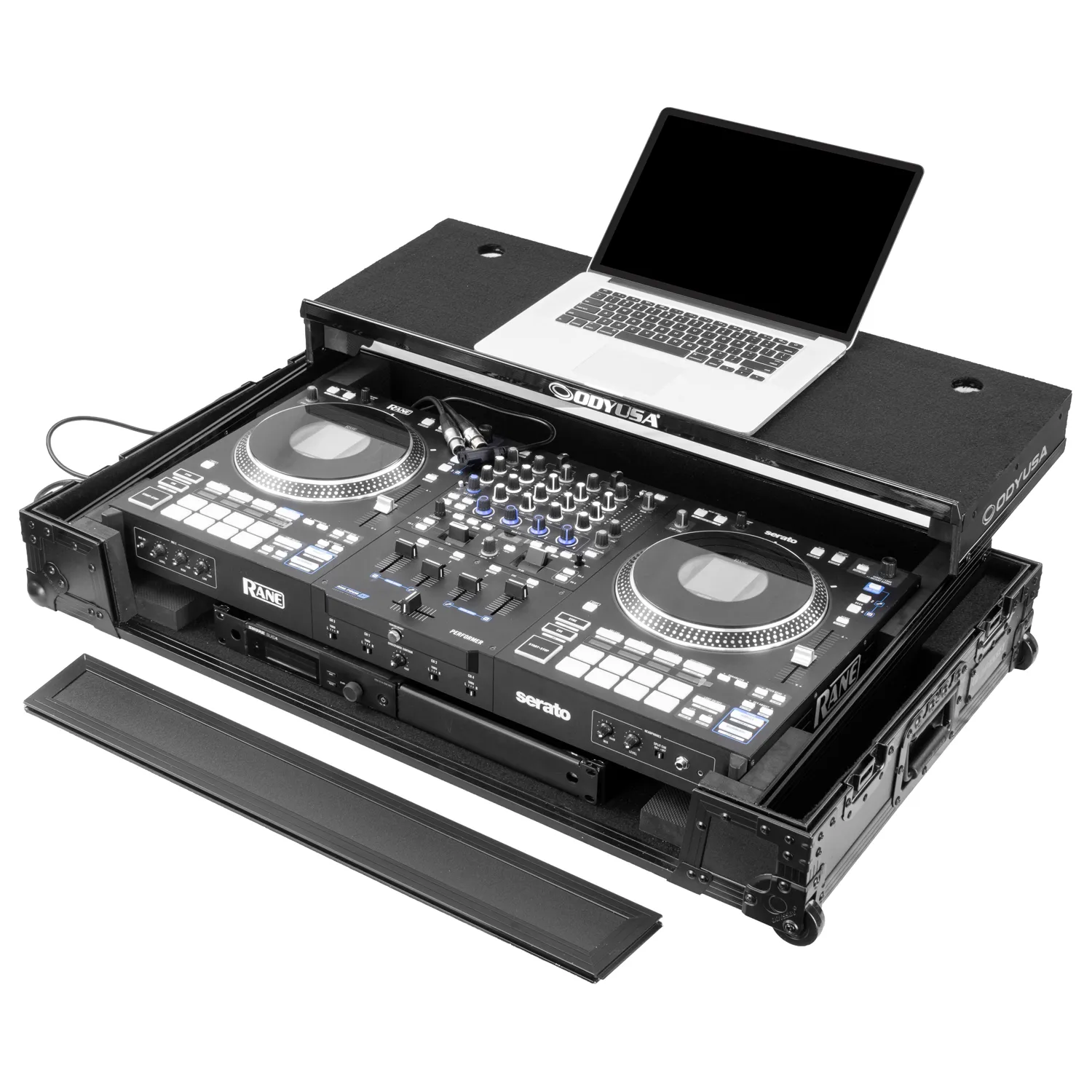 Odyssey Performance Ready Series (Pre-Wired XLR Patch Panel) Black 1U Case for RANE PERFORMER with Wheels and Glide Style Laptop Platform - Image 3