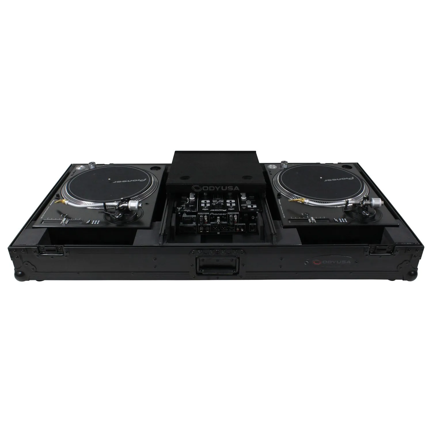 Black Low Profile 10" Format DJ Mixer and Two Battle Position Turntables Flight Coffin Case with Wheels and Glide Platform - Image 4