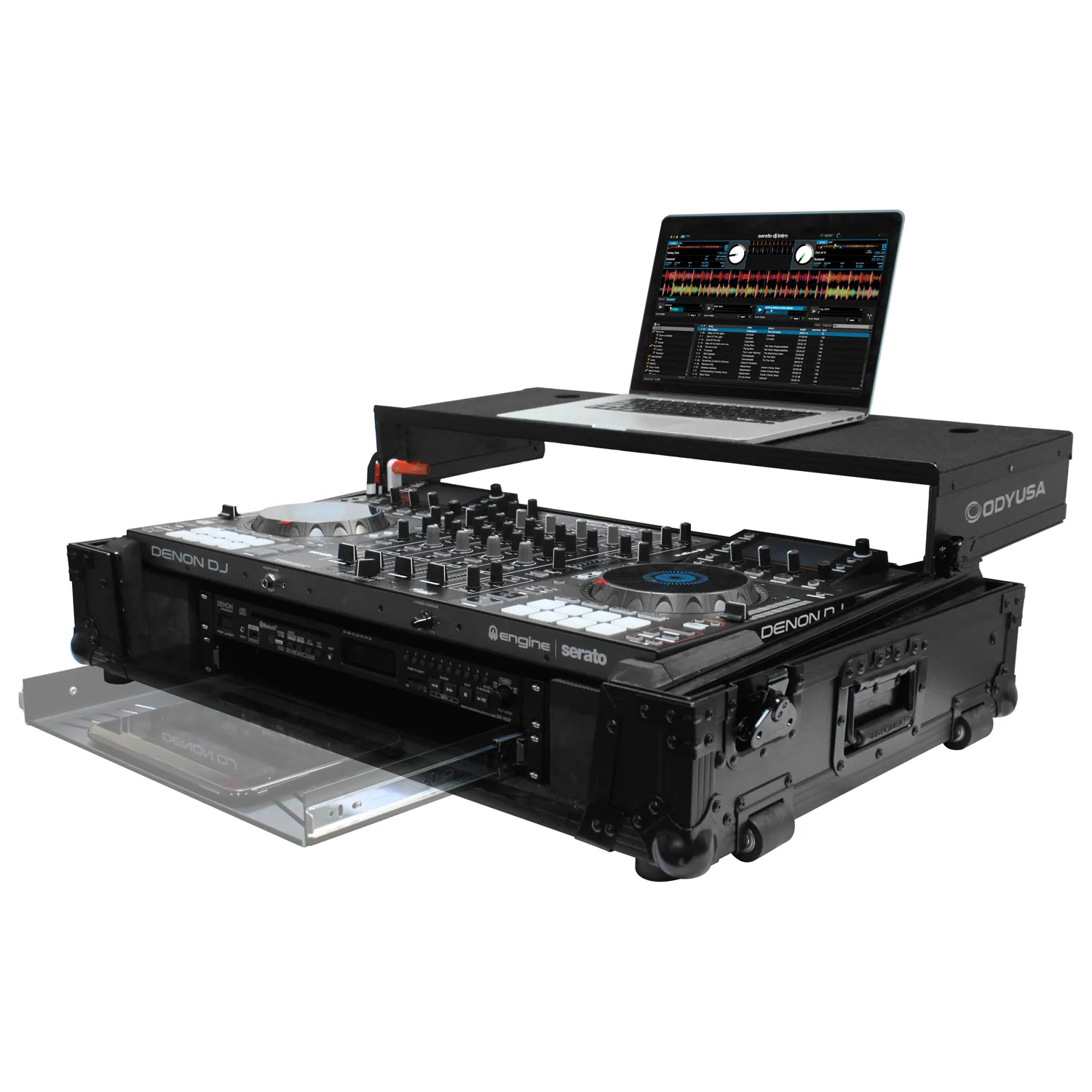 Black Denon MCX8000 Flight Case with 2U Rack Space, Wheels, and