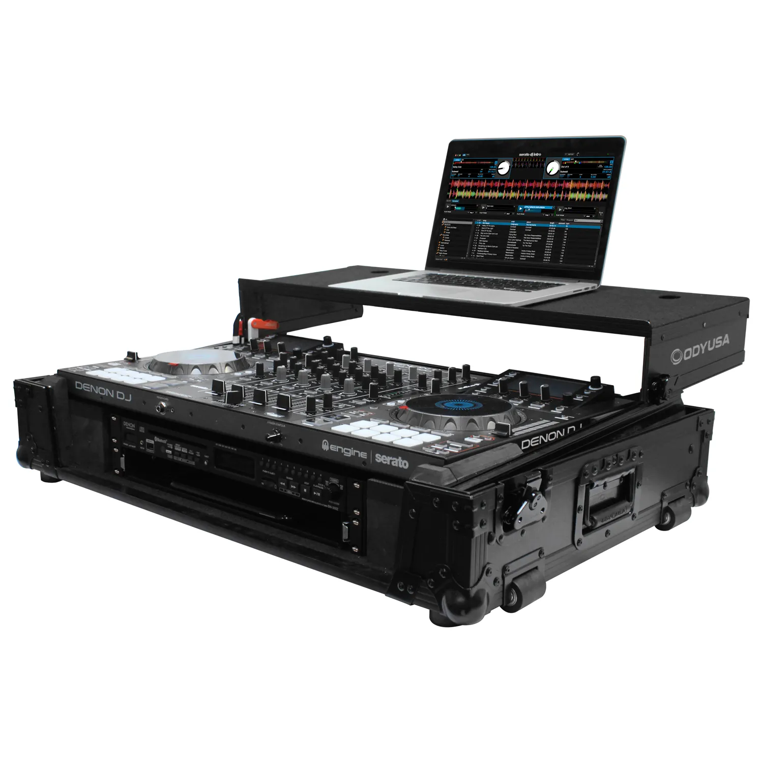 Black Denon MCX8000 Flight Case with 2U Rack Space, Wheels, and