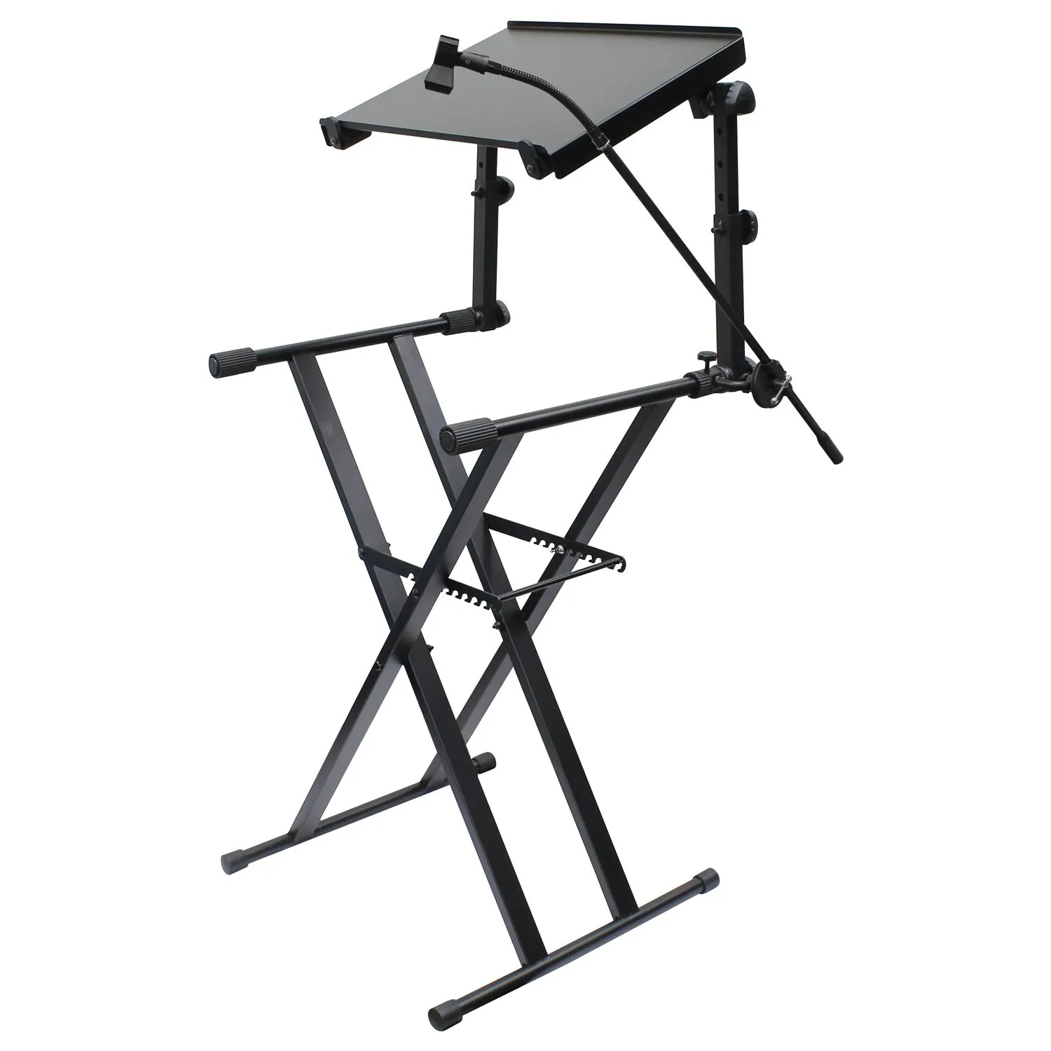 Black Two Tier X-Stand with Mic Boom and Top Shelf - Image 2