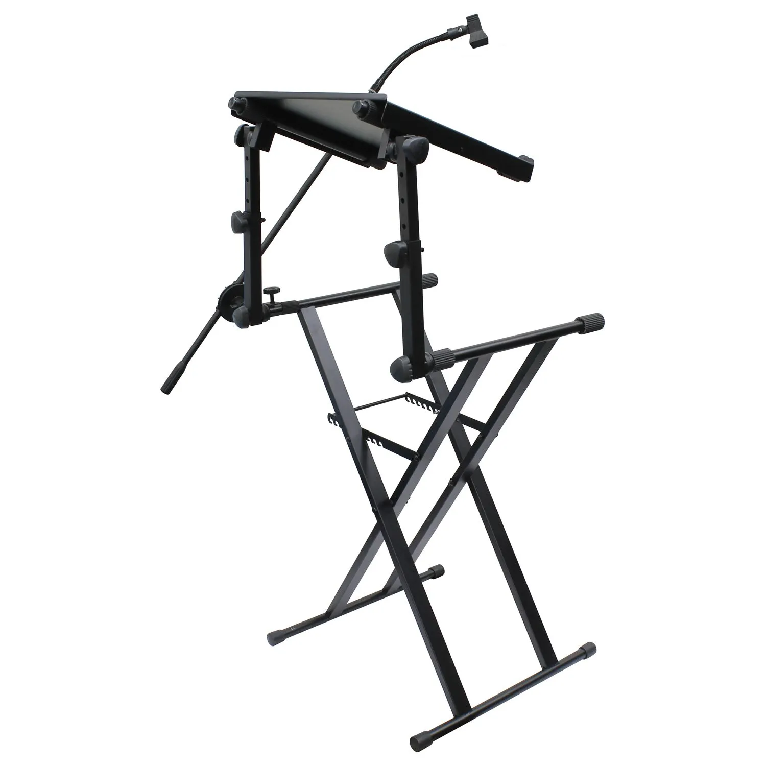 Black Two Tier X-Stand with Mic Boom and Top Shelf - Image 3